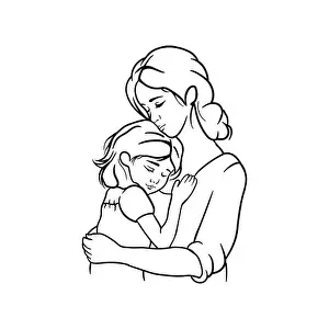 Mommy Prints: Line drawing of a young woman, a mother hugging her daughter