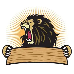 Claw Prints: Lion Roaring Sport Mascot Logo Hold Blank Banner Vector Template