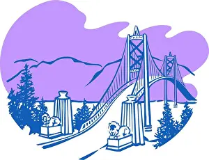 Suspension Prints: Lions Gate bridge with two lying lion statues & the towers leading over to a mountain range