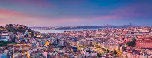 Lisbon Panorama Sunrise. Portugal during dramatic sunrise