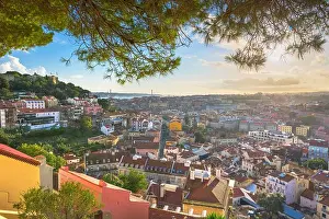 Lisbon, Portugal City Skyline with Sao Jorge Castle before sunset