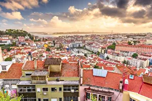 Lisbon, Portugal City Skyline with Sao Jorge Castle and the Tagus River