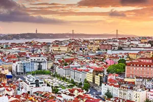 Lisbon, Portugal City Skyline with Sao Jorge Castle and the Tagus River