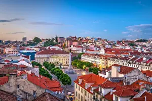 Rossio Prints: Lisbon, Portugal Pombaline district skyline over Rossio Square