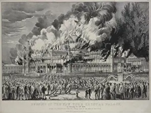 1858 Prints: A lithograph depicting the burning of the New York Crystal Palace on October 5th