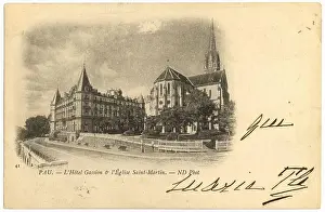A lithograph presents Hôtel Gassion with Saint Martin Church in Pau