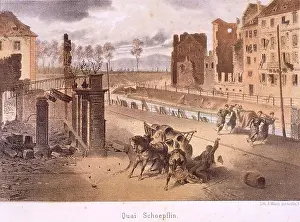 A lithograph presents Quai Schoepflin in Strasbourg as a structured riverside axis where buildings align along the quay