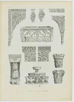 Alhambra Prints: Lithograph recording diverse architectural details from the Alhambra in Granada