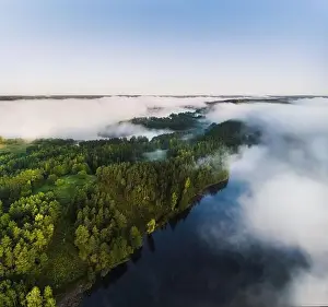 Wander Prints: Lithuania landscape from the drone perspective in the misty morning