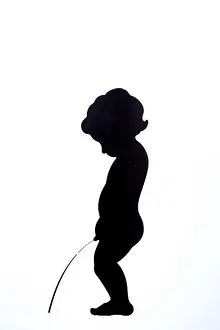 Toilet Prints: Little boy peeing, toilet sign on the outside wall of a public restroom for men