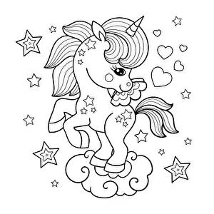 Little cute unicorn is drawn with black contour lines for children's coloring. Vector
