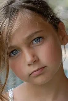 Little Girl Prints: Little girl blonde hair, blue eyes and white dress