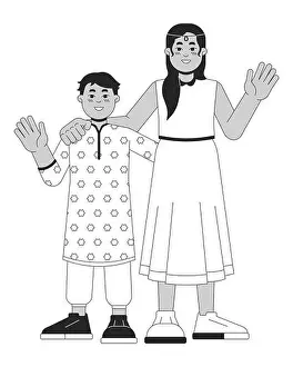 Full Body Prints: Little indian siblings black and white 2D line cartoon characters