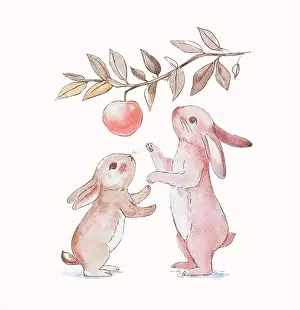 Hare Prints: Two little rabbits in the apple orchard. Little rabbit gardener. Watercolor illustration