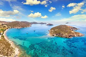 Summer Vacation Prints: Livadi Geranou Beach and the islet of Agios Georgios with the homonymous chapel in Patmos island