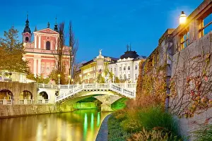 Ljubljana, view at bridge and the Franciscan Church, Slovenia