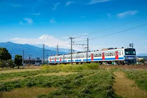 Mt Fuji Prints: A local train of JR Izuhakone Tetsudo-Sunzu Line traveling through the countryside on a sunny spring day and Mt