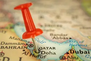 Navigate Prints: Location Qatar and Doha, travel map with push pin point marker closeup