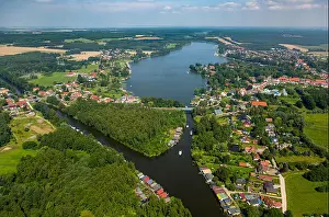 Aerial Shot Prints: Lock Mirow with boats and Müritz Havel waterway