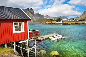 Lofoten Islands, traditional red fishermen`s huts Rorbu, Norway