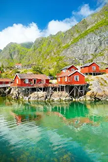 Lofoten Islands Prints: Lofoten Islands, traditional red wooden rorbu hut on Moskenesoya Island, Norway