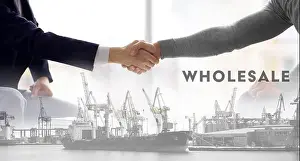 Handshake Prints: Logistics concept. Double exposure. Two men shaking hands and port in the sea