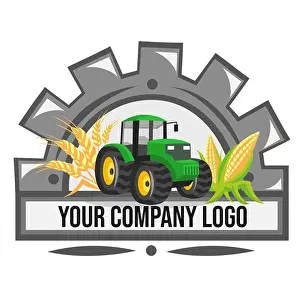 Tillage Prints: Logo for agriculture company. Green tractor with wheat and corn inside half of cogwheel