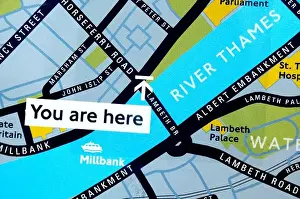 Lambeth Prints: London, England, UK. You Are Here on London tourist map. River Thames and Lambeth