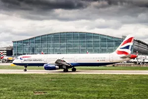 Departing Prints: London Heathrow Airport Terminal 5 exterior and British Airways plane on runway