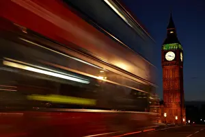 Holiday Destination Prints: London red double decker bus passing Big Ben at night