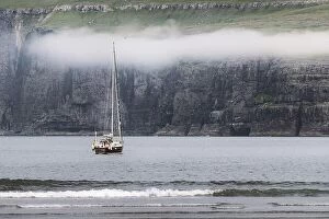 Images Dated 2nd August 2019: Lonely yacht near Tjornuvik coast on Streymoy Island, Faroe Islands. Landscape photography