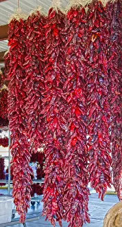 Roast Prints: Several long chili pepper ristras hang together in Hatch, New Mexico
