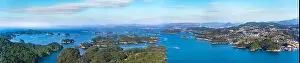 Long exposure photography of a panorama bird's-eye view of the Kujūkushima seascape with islands that lie off sasebo