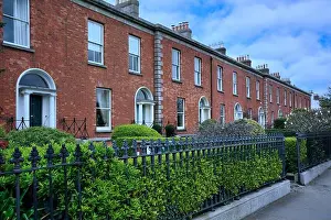 Middle Class Prints: Long row of brick townhouses with iron railing fence along sidewalk
