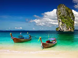 Poda Prints: Long tail boats, Tropical beach, Andaman Sea, Thailand