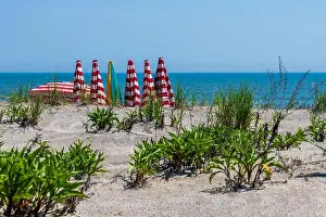 New Jersey Prints: looking over the beach dune at the water and red and white stripe umbrellas for rent