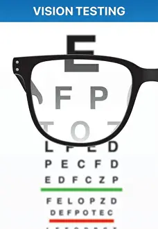 Examination Prints: Looking through black glasses at a vision examination chart, realistic vector illustration