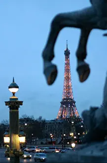 Nights Prints: Looking towards the Eiffel Tower at dusk from the Tuileries across the Place de la Concorde Paris Ile de France