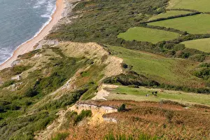 Headland Prints: Looking down on the unstable landslips below Golden Cap on the Jurassic Coast