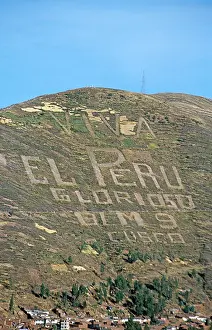 Mountainside Prints: Looking across to Viva el Peru written on the hillside, Cusco, Peru