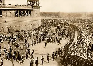 Imperialism Prints: Lord Curzon British Viceroy of India entering Delhi on an elephant with Lady Curzon 1902