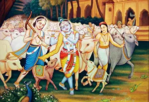 Auspicious Prints: Lord Krishna and Balram with Gopal and cows miniature painting