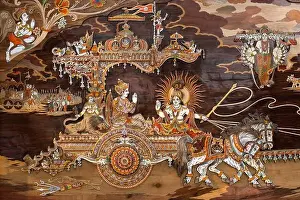 Lord Krishna on chariot preaching Arjuna in Mahabharata painting, India, Asia