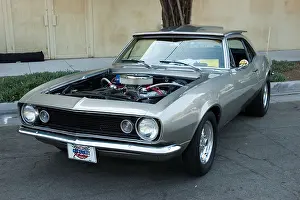 Californian Prints: Los Angeles California car show antique customized gray Chevrolet Chevy Camaro coupe open hood exposed engine