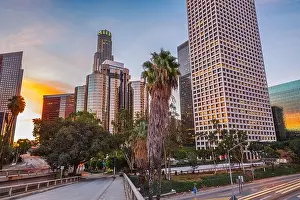 Los Angeles, California, USA downtown skyline and highways at twilight