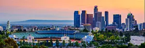 Financial District Prints: Los Angeles skyline and Dodgers baseball stadium, California, USA