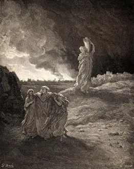 Theology Prints: Lot and his family fleeing from burning Sodom and Gomorrah