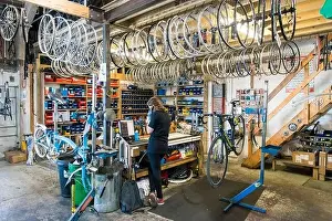 Lined Up Prints: Lots of bike wheels and parts in stock for a cycle repair business hanging from the ceiling