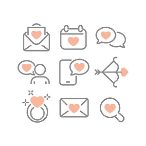 Cupid Prints: Love, dating app line vector icon set. Letter, messaging and wedding outlined icons