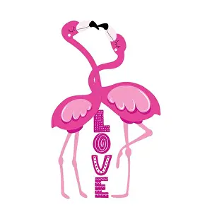 Valentines Day Prints: LOVE with romantic flamingos - Valentine's Day handdrawn illustration with two Flamingo couple in love